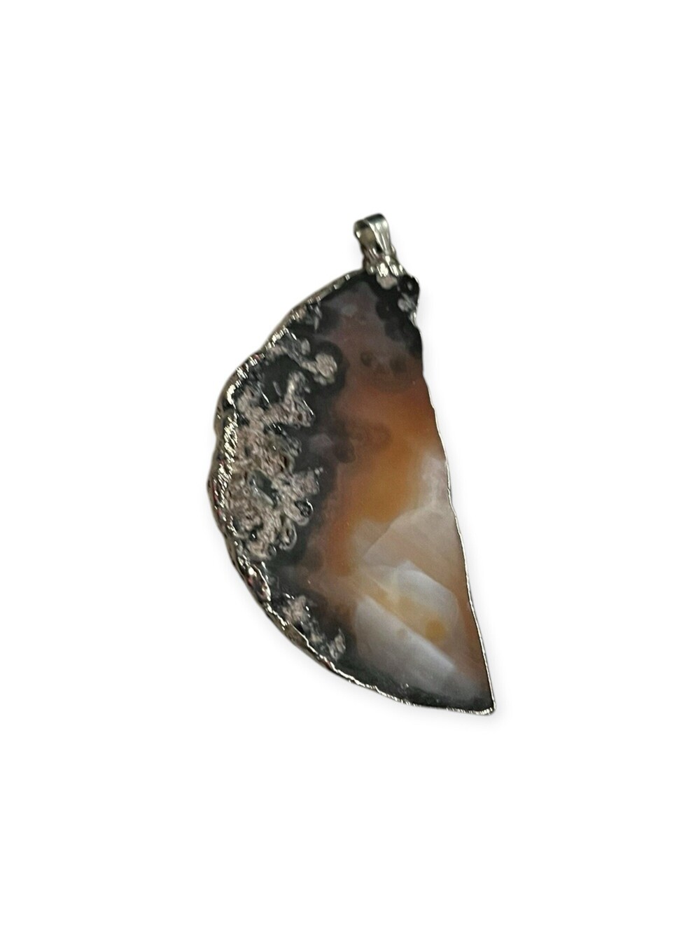 Natural Agate Druzy Geode Slice Pendant Silver Tone Statement Jewelry